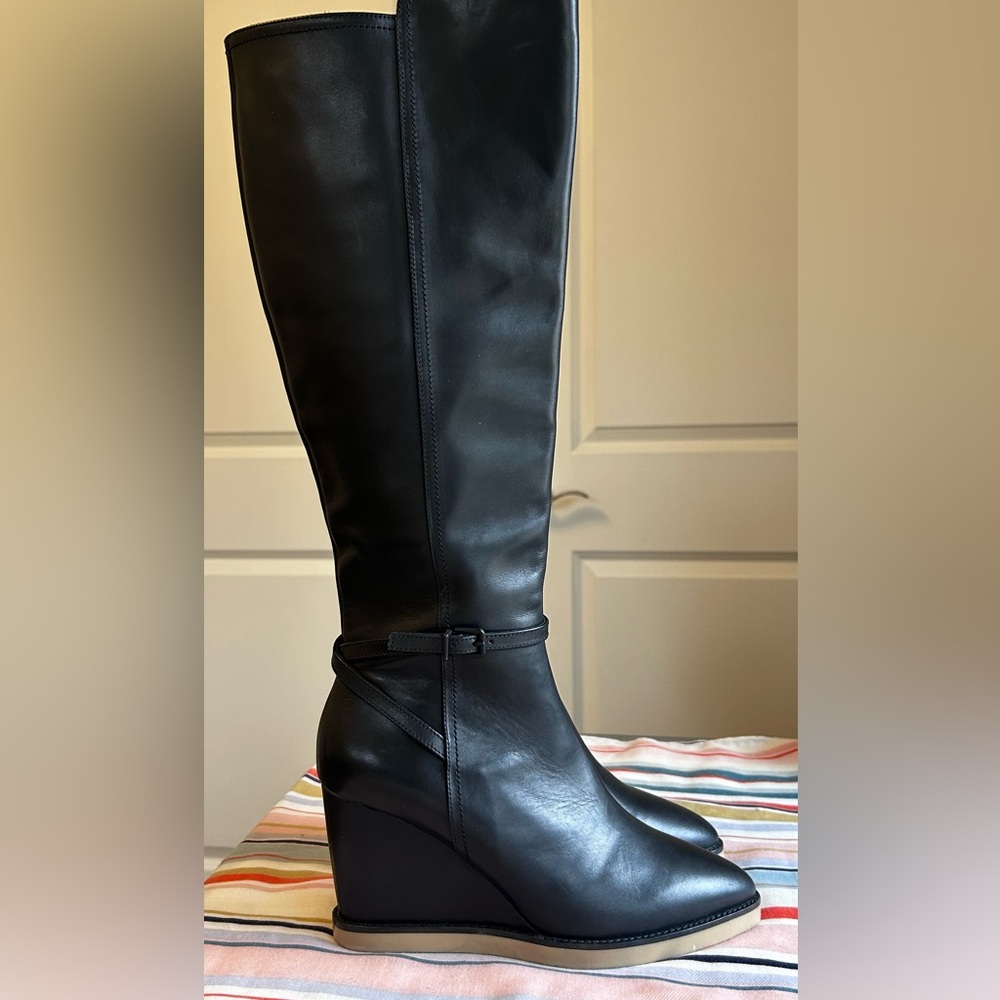 Lola Cruz Black Leather Wedge Heel Knee-High Boots  Women’s size 6 1/2
NWOT